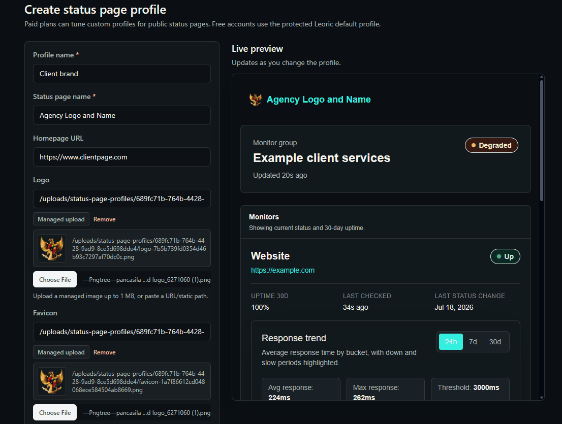 Editor custom status page profile στο Leoric Watch με live branded client status page preview